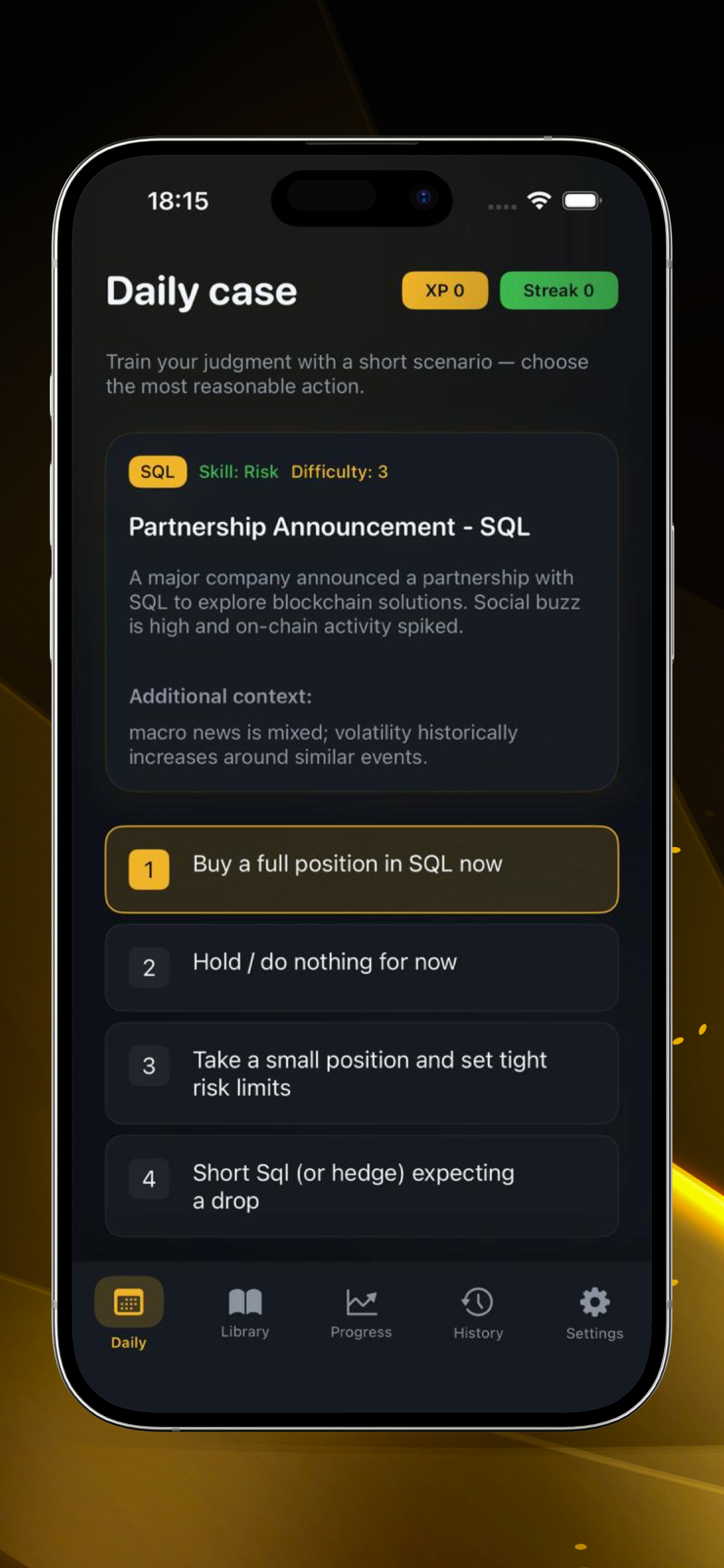 TolfexWorld app — Daily trading scenario screen