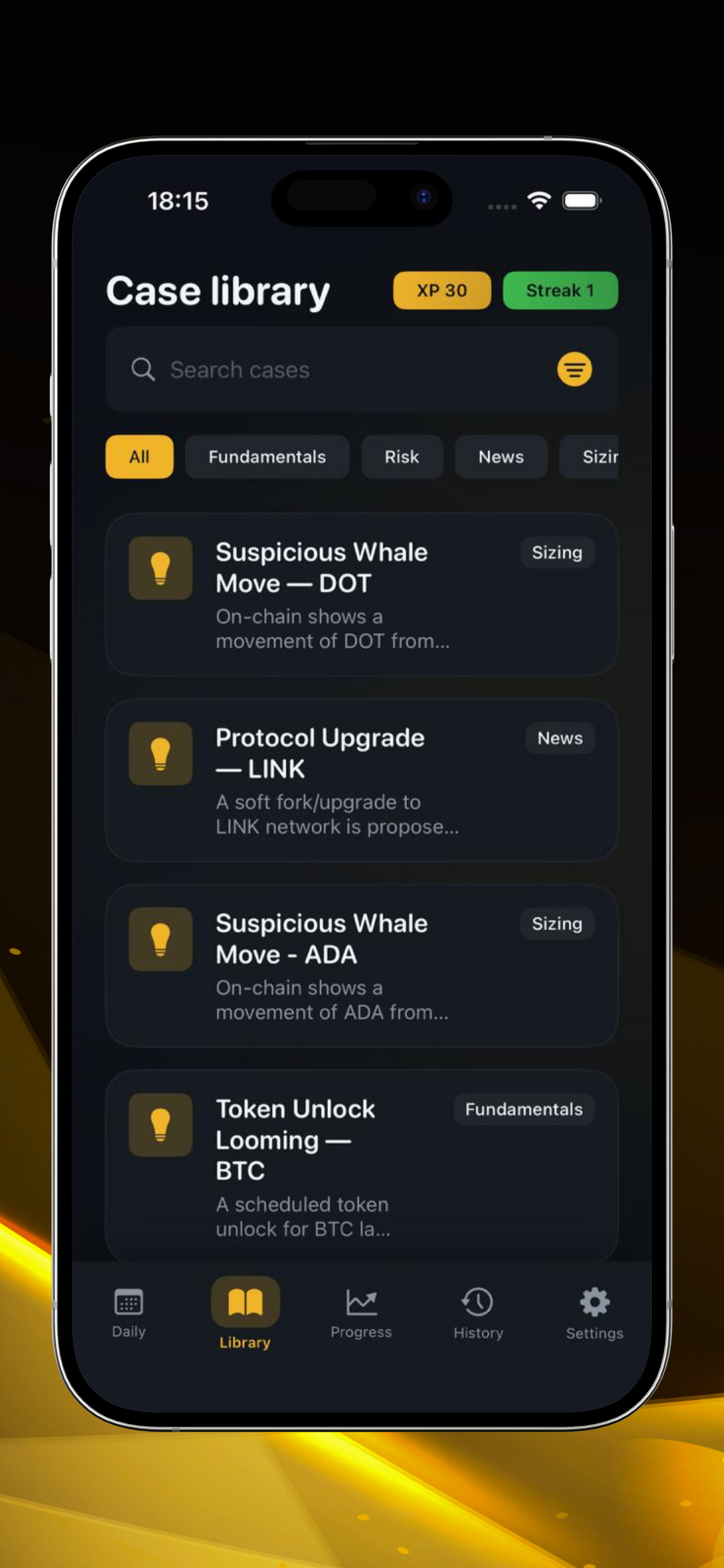 Case library screen with categories