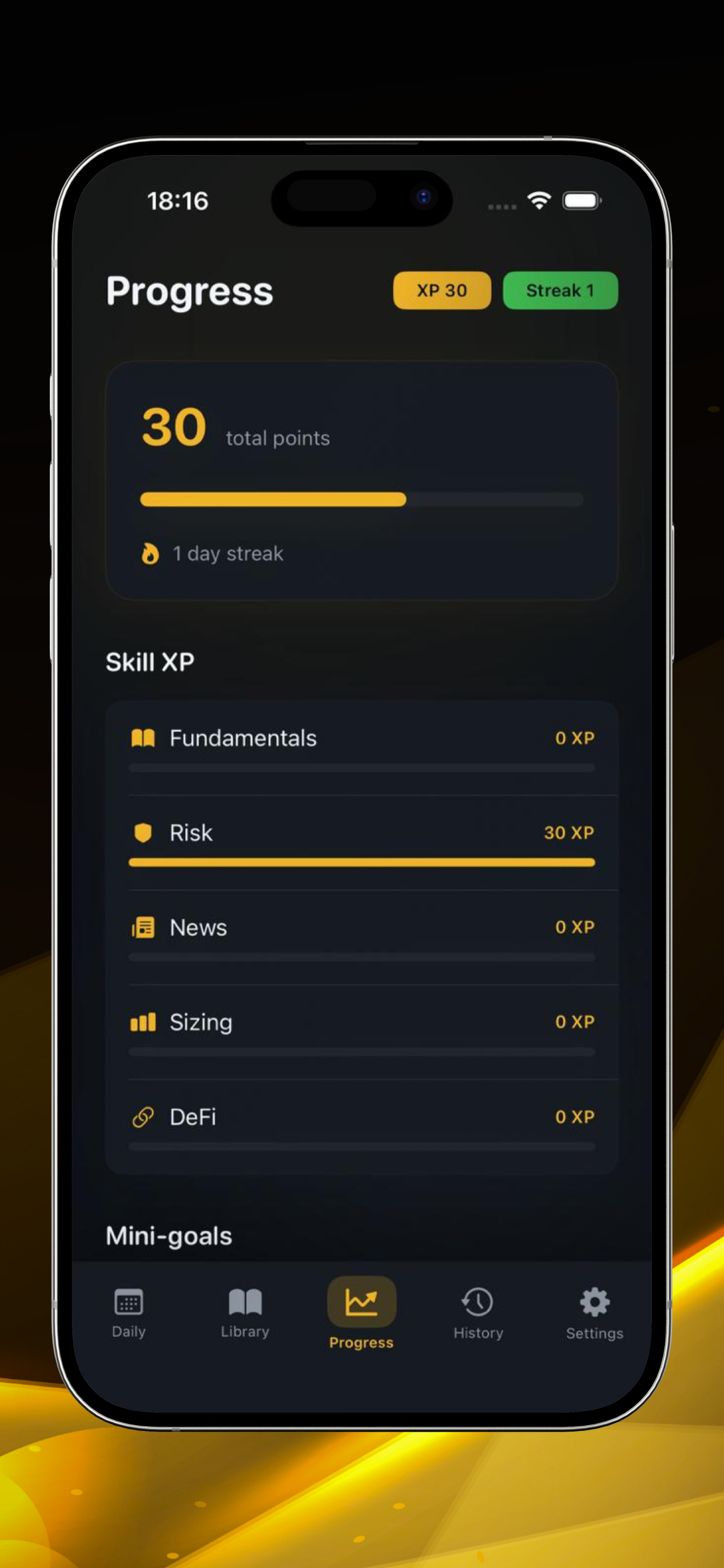 Progress tracking screen with XP and skills