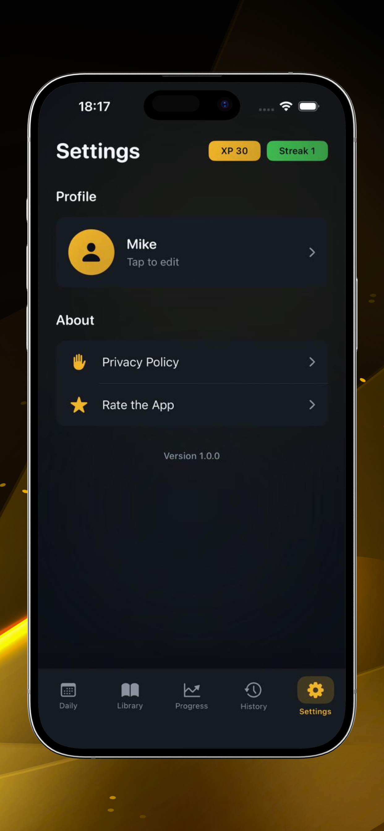 Settings and profile screen